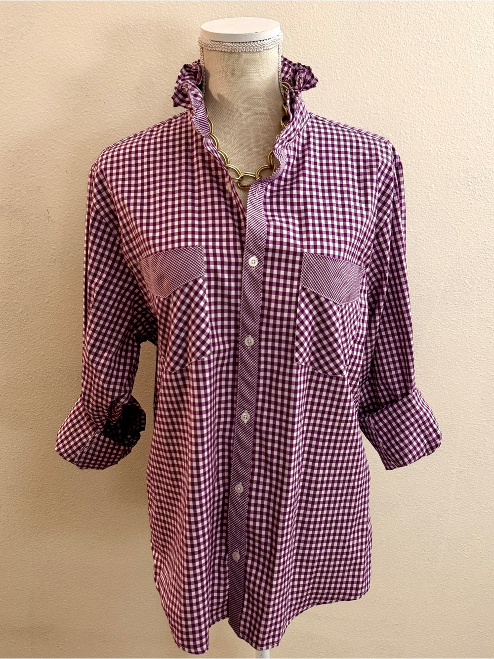 Upcycled Purple Gingham Ruffle-Collar Shirt - Picture 2 of 7